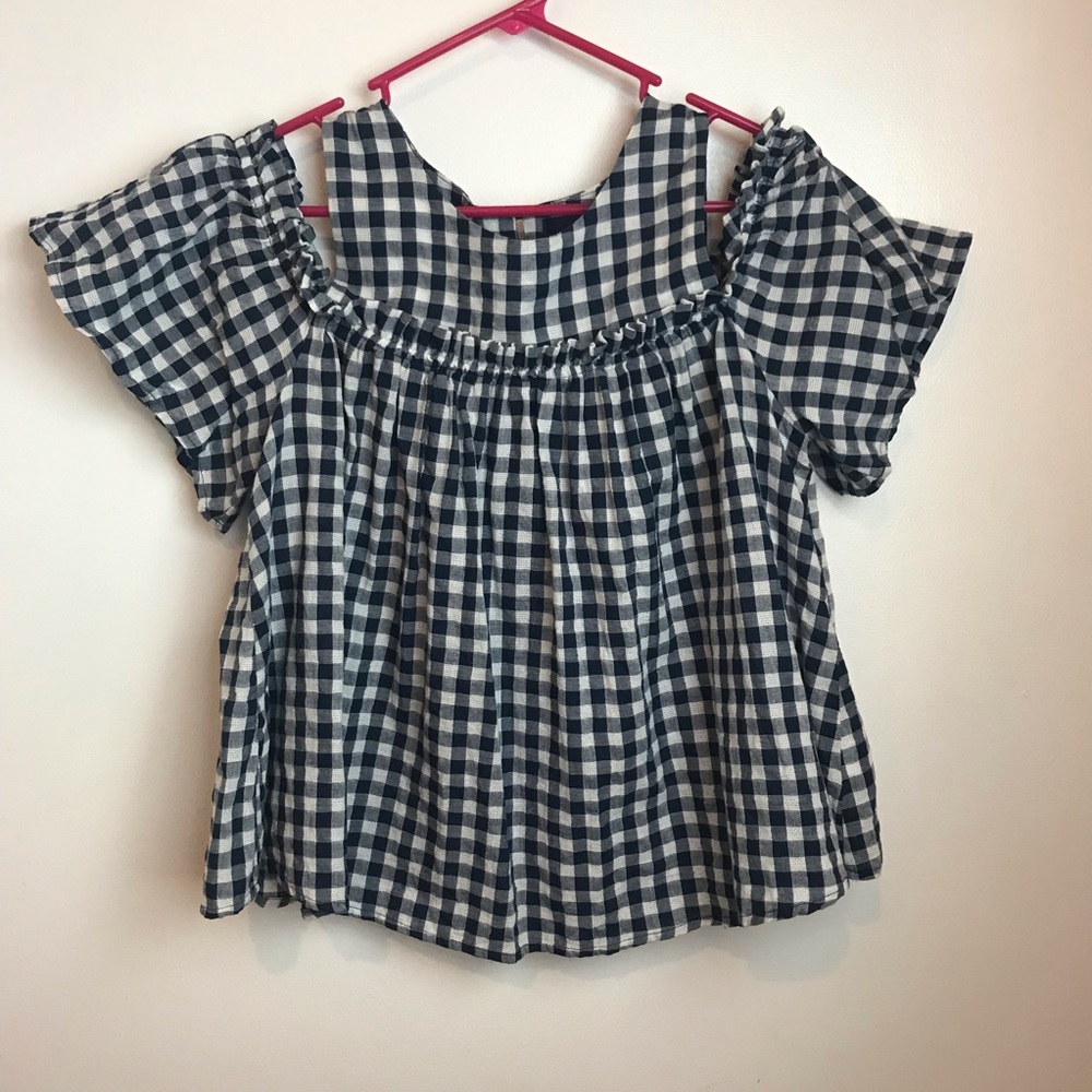 Cold shoulder ruffle checkered blouse medium blue